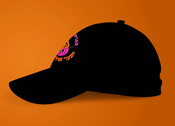 כובע האש שלי ברסלב - צבע שחור כיתוב בצבעי ורוד וכתום